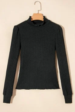 Discount Dear-Lover Solid Color Ruffled High Neck Long Sleeve Top Black