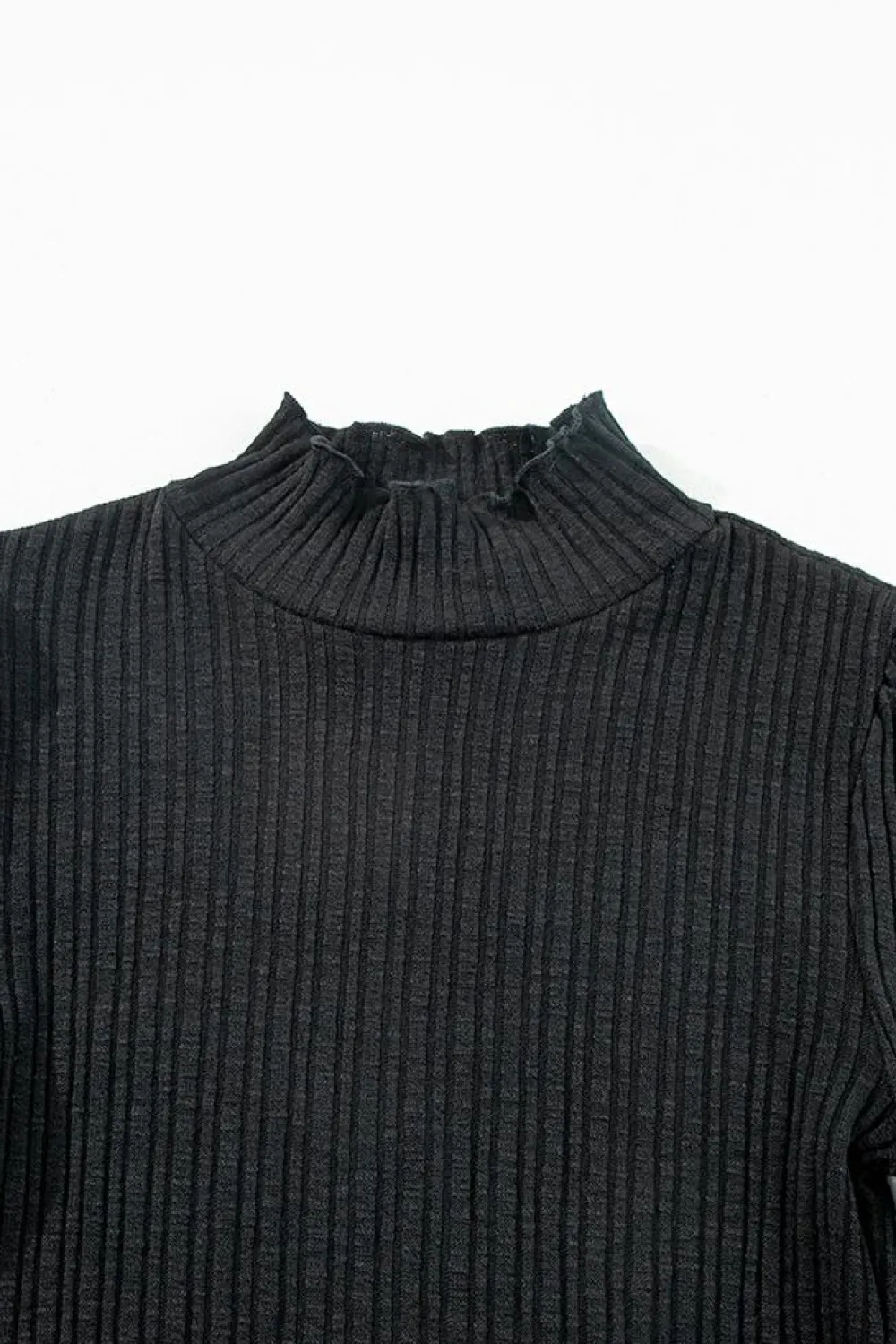 Discount Dear-Lover Solid Color Ruffled High Neck Long Sleeve Top Black