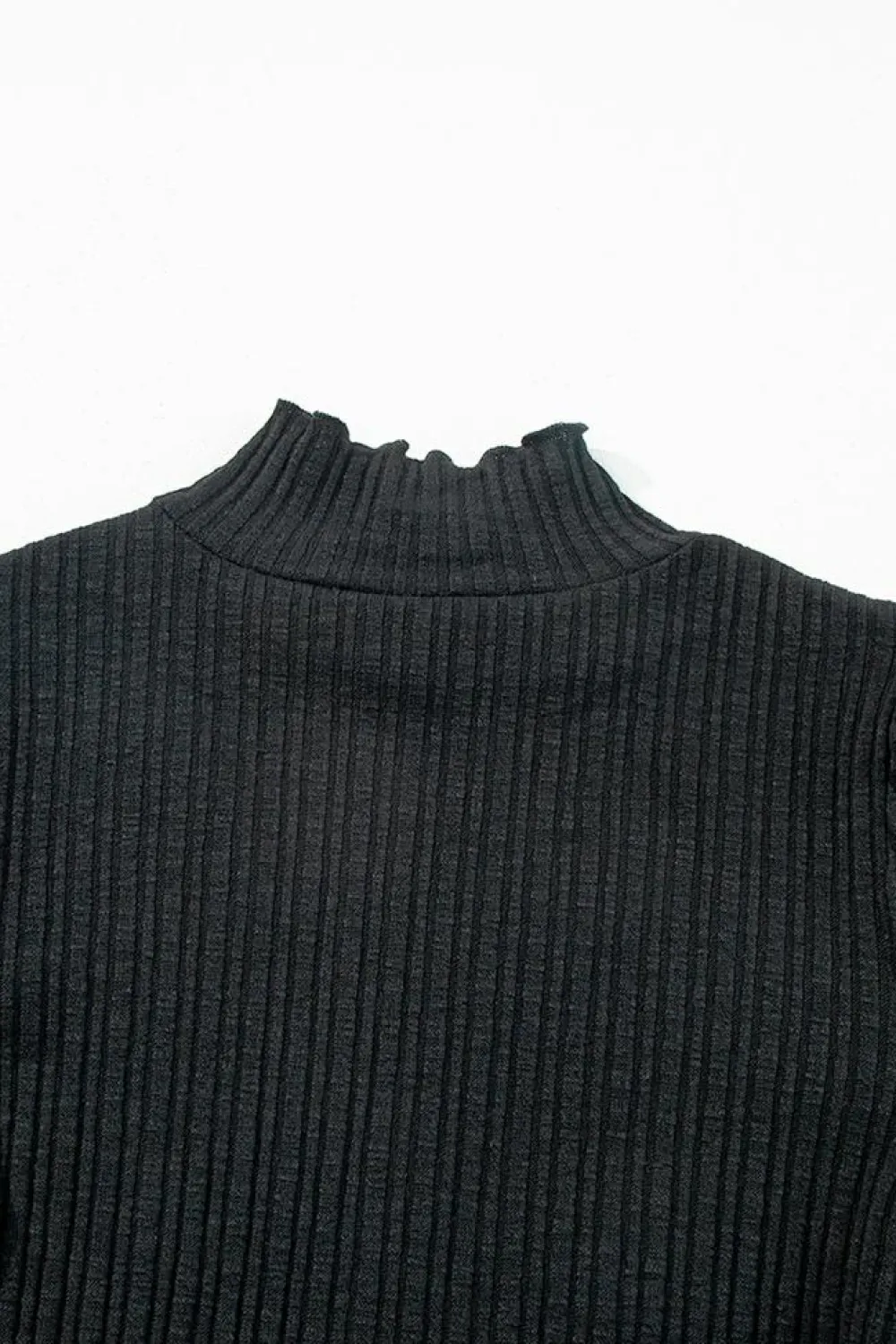 Discount Dear-Lover Solid Color Ruffled High Neck Long Sleeve Top Black
