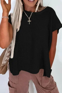 Fashion Dear-Lover Solid Color Sweater Tee with Side Slits Black
