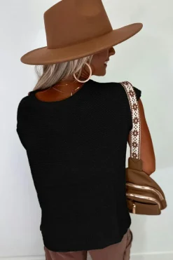 Fashion Dear-Lover Solid Color Sweater Tee with Side Slits Black