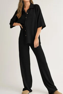 Fashion Dear-Lover Solid Color Textured Buttoned Shirt and Casual Pants Set Black