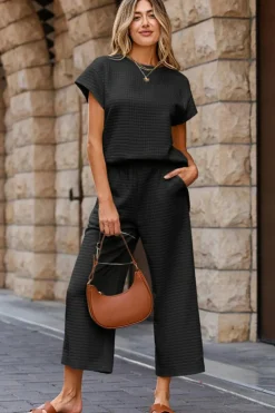 Hot Dear-Lover Solid Color Textured Short Sleeve Top and Casual Pants Set Black