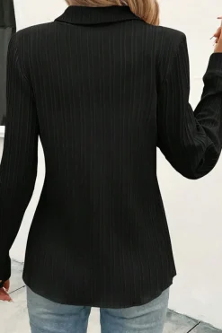 Sale Dear-Lover Solid Color Textured Buttoned Turn Down Collar Shirt Black
