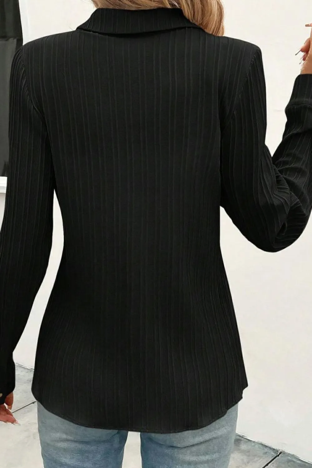 Sale Dear-Lover Solid Color Textured Buttoned Turn Down Collar Shirt Black