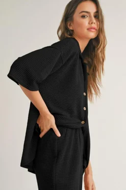 Fashion Dear-Lover Solid Color Textured Buttoned Shirt and Casual Pants Set Black