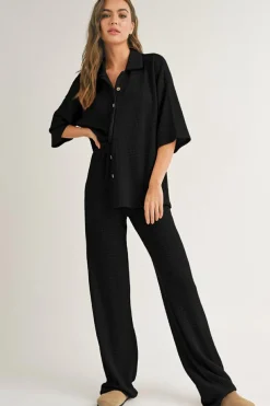 Fashion Dear-Lover Solid Color Textured Buttoned Shirt and Casual Pants Set Black