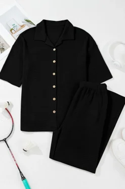 Fashion Dear-Lover Solid Color Textured Buttoned Shirt and Casual Pants Set Black