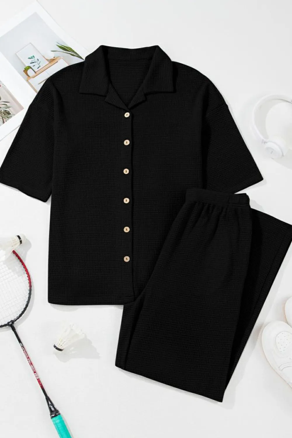 Fashion Dear-Lover Solid Color Textured Buttoned Shirt and Casual Pants Set Black