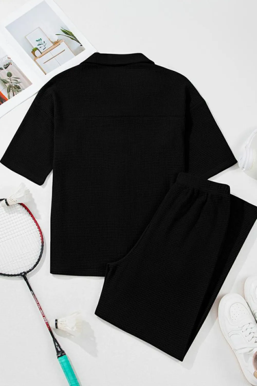 Fashion Dear-Lover Solid Color Textured Buttoned Shirt and Casual Pants Set Black