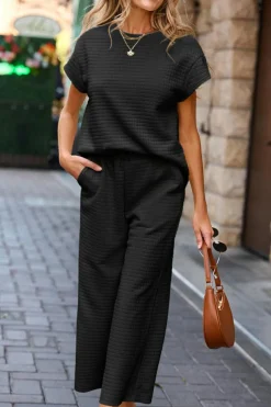 Hot Dear-Lover Solid Color Textured Short Sleeve Top and Casual Pants Set Black