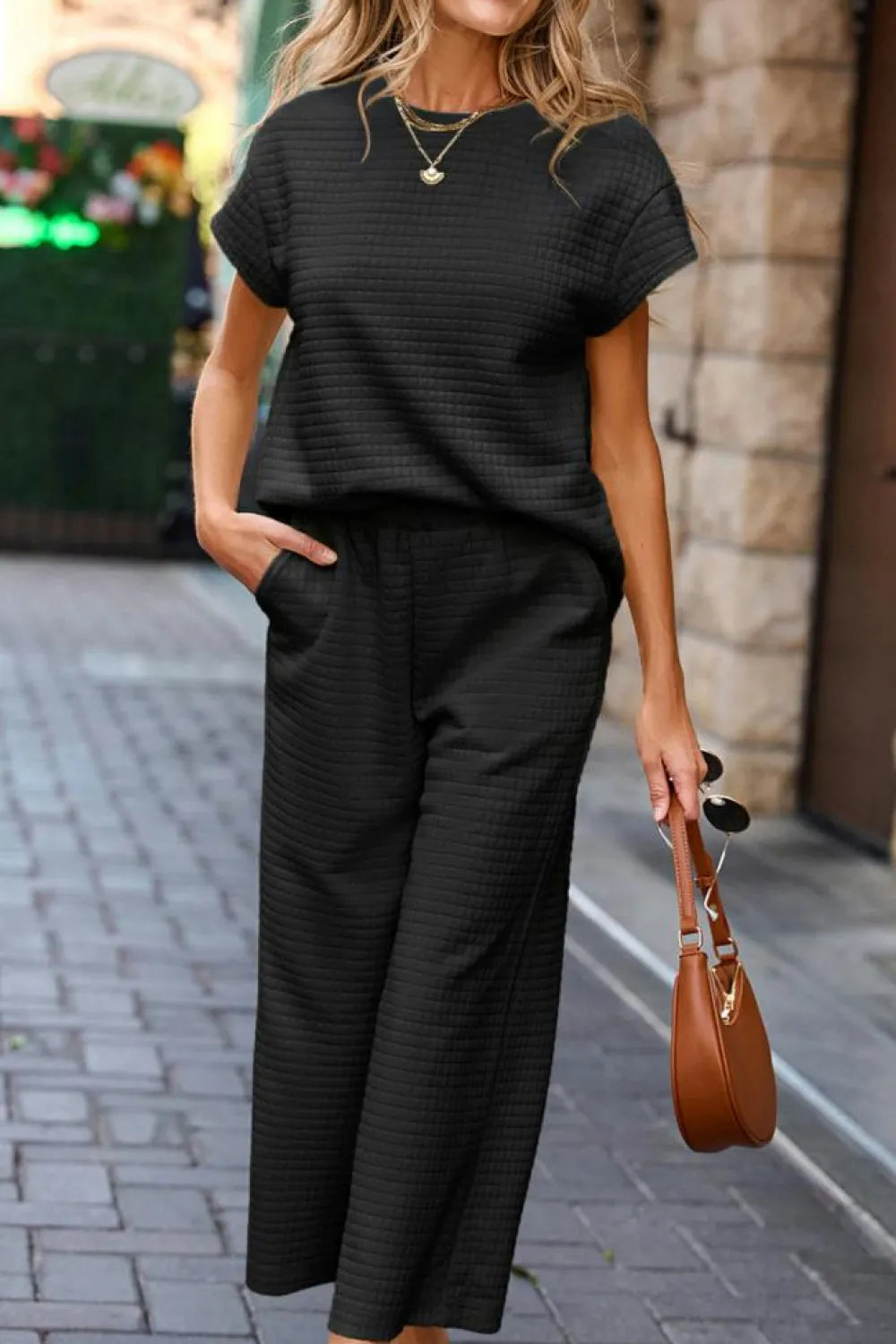 Hot Dear-Lover Solid Color Textured Short Sleeve Top and Casual Pants Set Black