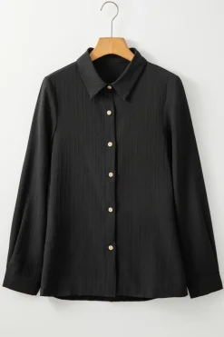 Sale Dear-Lover Solid Color Textured Buttoned Turn Down Collar Shirt Black