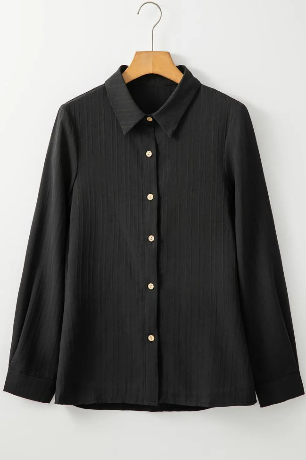 Sale Dear-Lover Solid Color Textured Buttoned Turn Down Collar Shirt Black