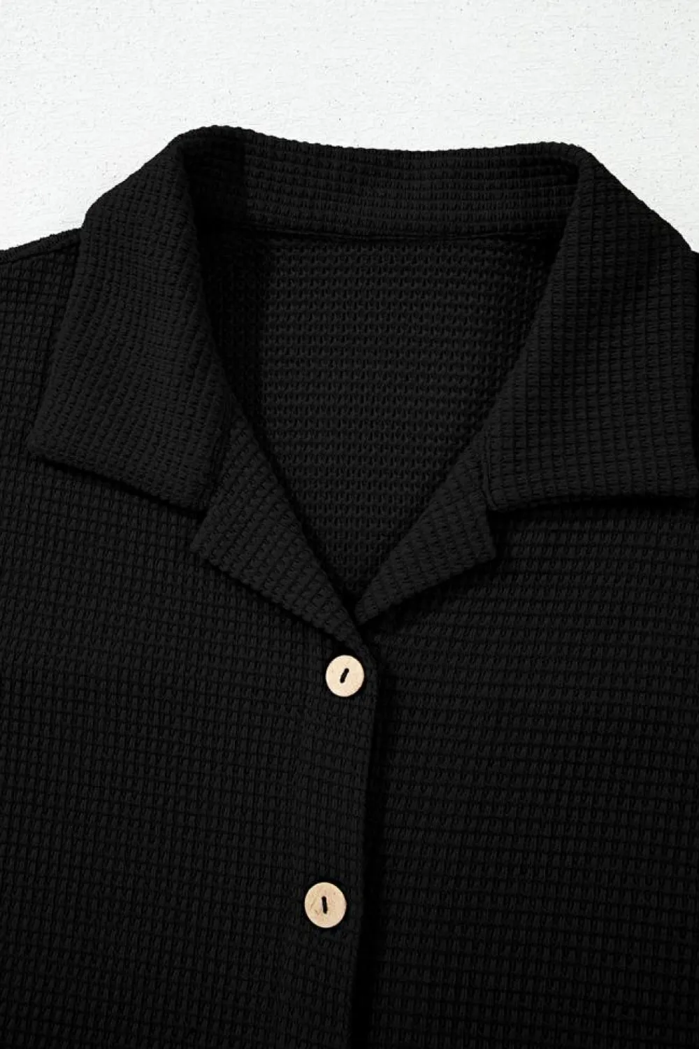 Fashion Dear-Lover Solid Color Textured Buttoned Shirt and Casual Pants Set Black