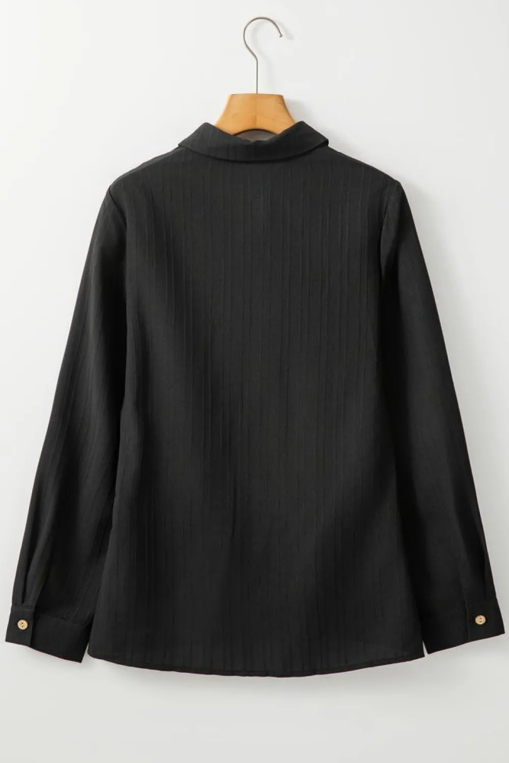 Sale Dear-Lover Solid Color Textured Buttoned Turn Down Collar Shirt Black