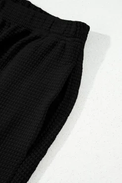 Fashion Dear-Lover Solid Color Textured Buttoned Shirt and Casual Pants Set Black
