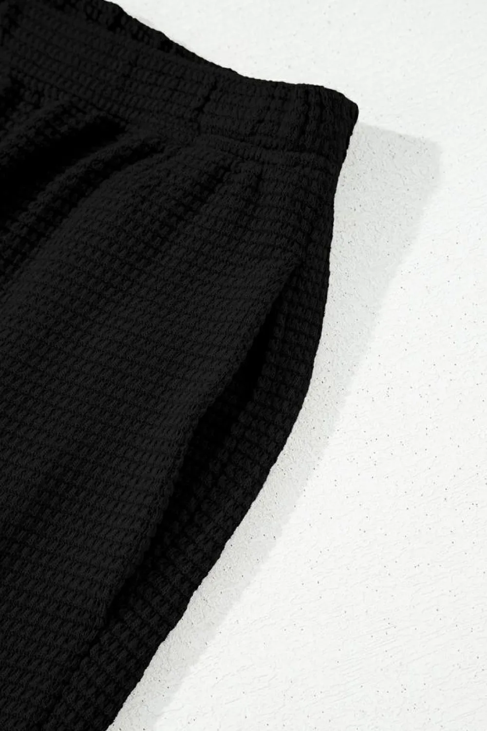 Fashion Dear-Lover Solid Color Textured Buttoned Shirt and Casual Pants Set Black