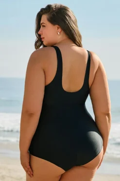 Clearance Dear-Lover Solid Color U Neck Padded Plus Size One Piece Swimsuit Black