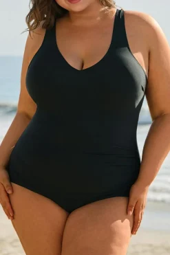 Clearance Dear-Lover Solid Color U Neck Padded Plus Size One Piece Swimsuit Black