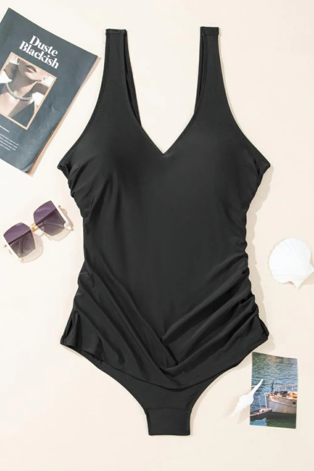 Clearance Dear-Lover Solid Color U Neck Padded Plus Size One Piece Swimsuit Black