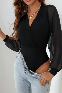 Hot Dear-Lover Solid Color V Neck Wrap Mesh Sleeves Bodysuit Black