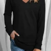 Fashion Dear-Lover Solid Color V Neck Long Sleeve Knit Top Black