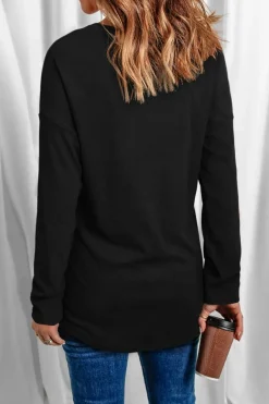 Fashion Dear-Lover Solid Color V Neck Long Sleeve Knit Top Black