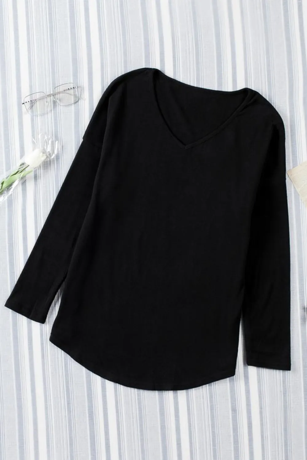 Fashion Dear-Lover Solid Color V Neck Long Sleeve Knit Top Black