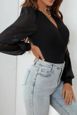 Hot Dear-Lover Solid Color V Neck Wrap Mesh Sleeves Bodysuit Black