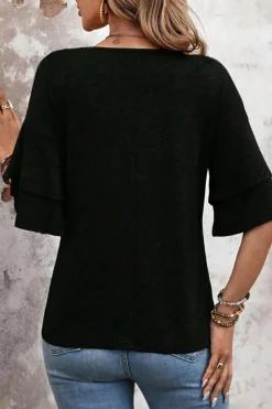 Discount Dear-Lover Solid Colour V-Neck Double Layer Sleeve Loose T-Shirt Black