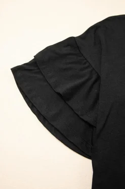 Discount Dear-Lover Solid Colour V-Neck Double Layer Sleeve Loose T-Shirt Black