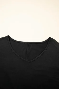Discount Dear-Lover Solid Colour V-Neck Double Layer Sleeve Loose T-Shirt Black