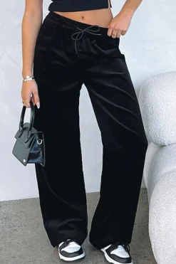 New Dear-Lover Solid Drawstring Waist Wide Leg Pants Black