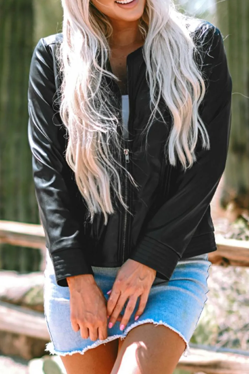 Online Dear-Lover Solid Faux Leather Zipper Slim Fit Bomber Jacket Black
