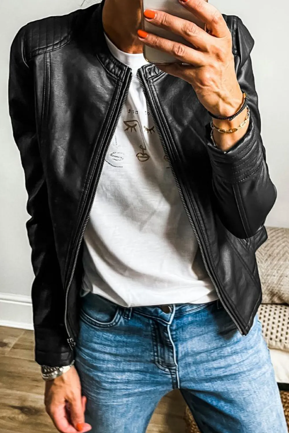 Online Dear-Lover Solid Faux Leather Zipper Slim Fit Bomber Jacket Black