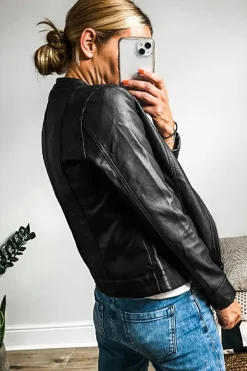 Online Dear-Lover Solid Faux Leather Zipper Slim Fit Bomber Jacket Black