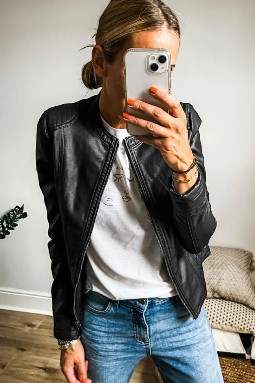 Online Dear-Lover Solid Faux Leather Zipper Slim Fit Bomber Jacket Black