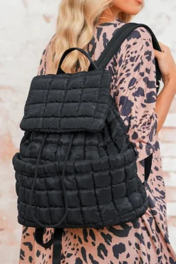 Hot Dear-Lover Solid Flapped Quilted Puffer Backpack Black