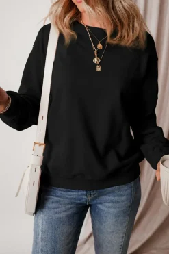 Best Dear-Lover Solid Fleece Lined Drop Shoulder Terry Sweatshirt Black