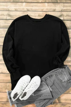 Online Dear-Lover Solid Fleece Lined Drop Shoulder High Low Sweatshirt Black