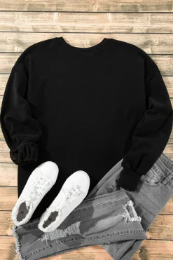 Online Dear-Lover Solid Fleece Lined Drop Shoulder High Low Sweatshirt Black