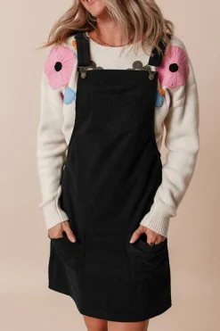 Discount Dear-Lover Solid Front Pockets Sleeveless Corduroy Overall Dress Black