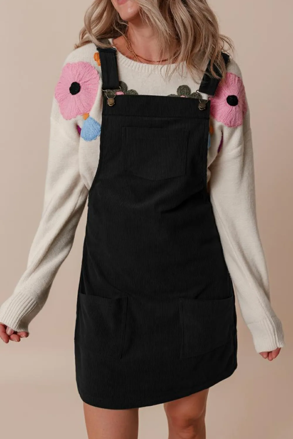 Discount Dear-Lover Solid Front Pockets Sleeveless Corduroy Overall Dress Black