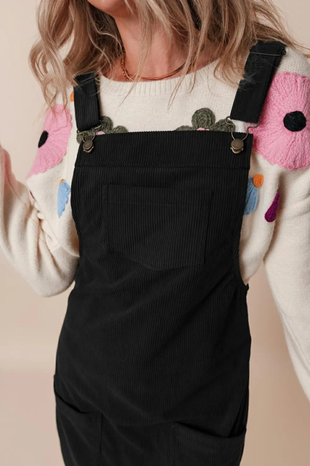 Discount Dear-Lover Solid Front Pockets Sleeveless Corduroy Overall Dress Black