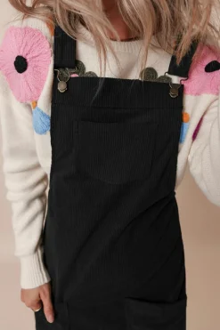 Discount Dear-Lover Solid Front Pockets Sleeveless Corduroy Overall Dress Black