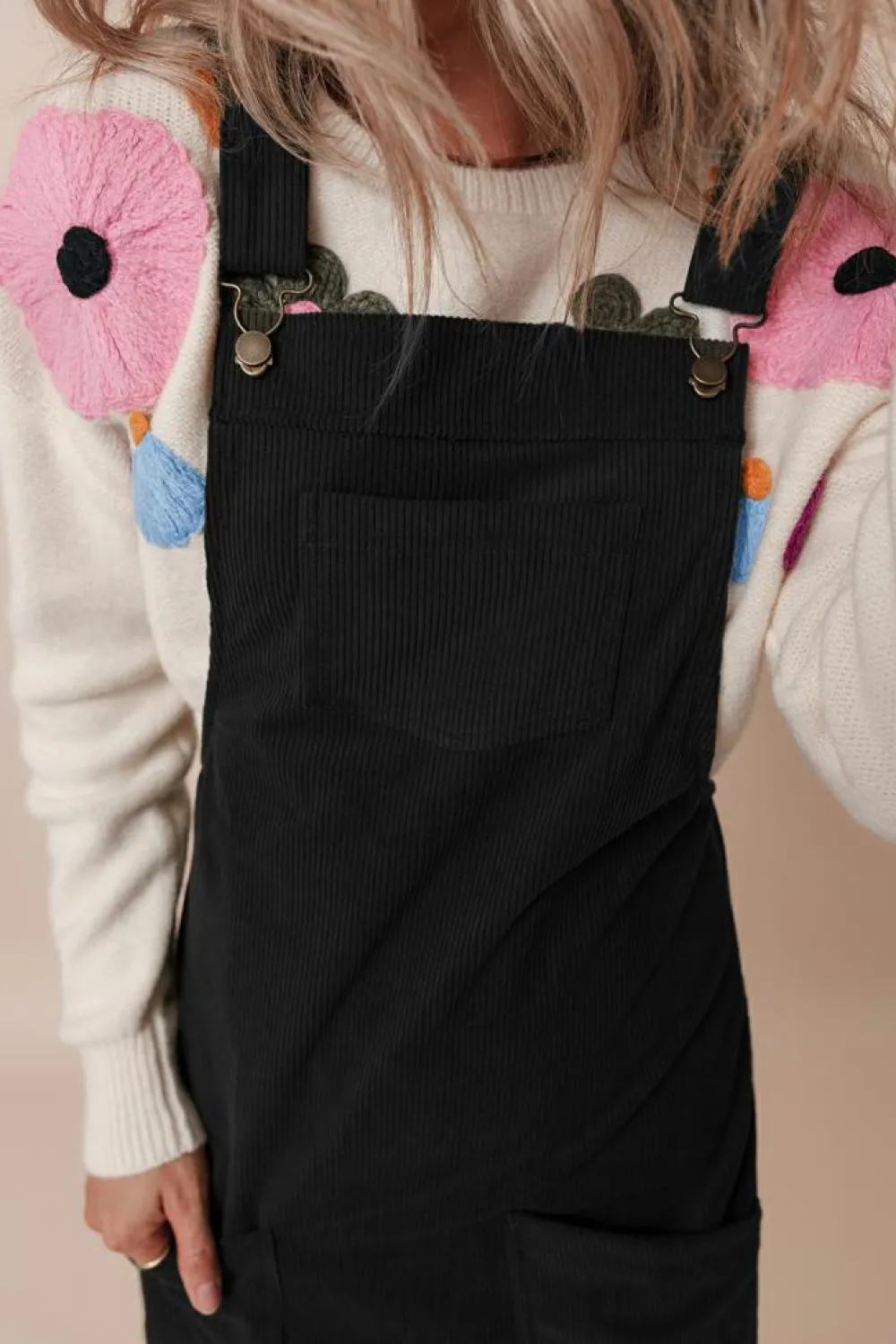 Discount Dear-Lover Solid Front Pockets Sleeveless Corduroy Overall Dress Black
