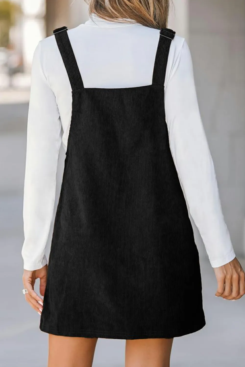 Discount Dear-Lover Solid Front Pockets Sleeveless Corduroy Overall Dress Black