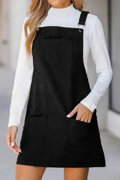 Discount Dear-Lover Solid Front Pockets Sleeveless Corduroy Overall Dress Black