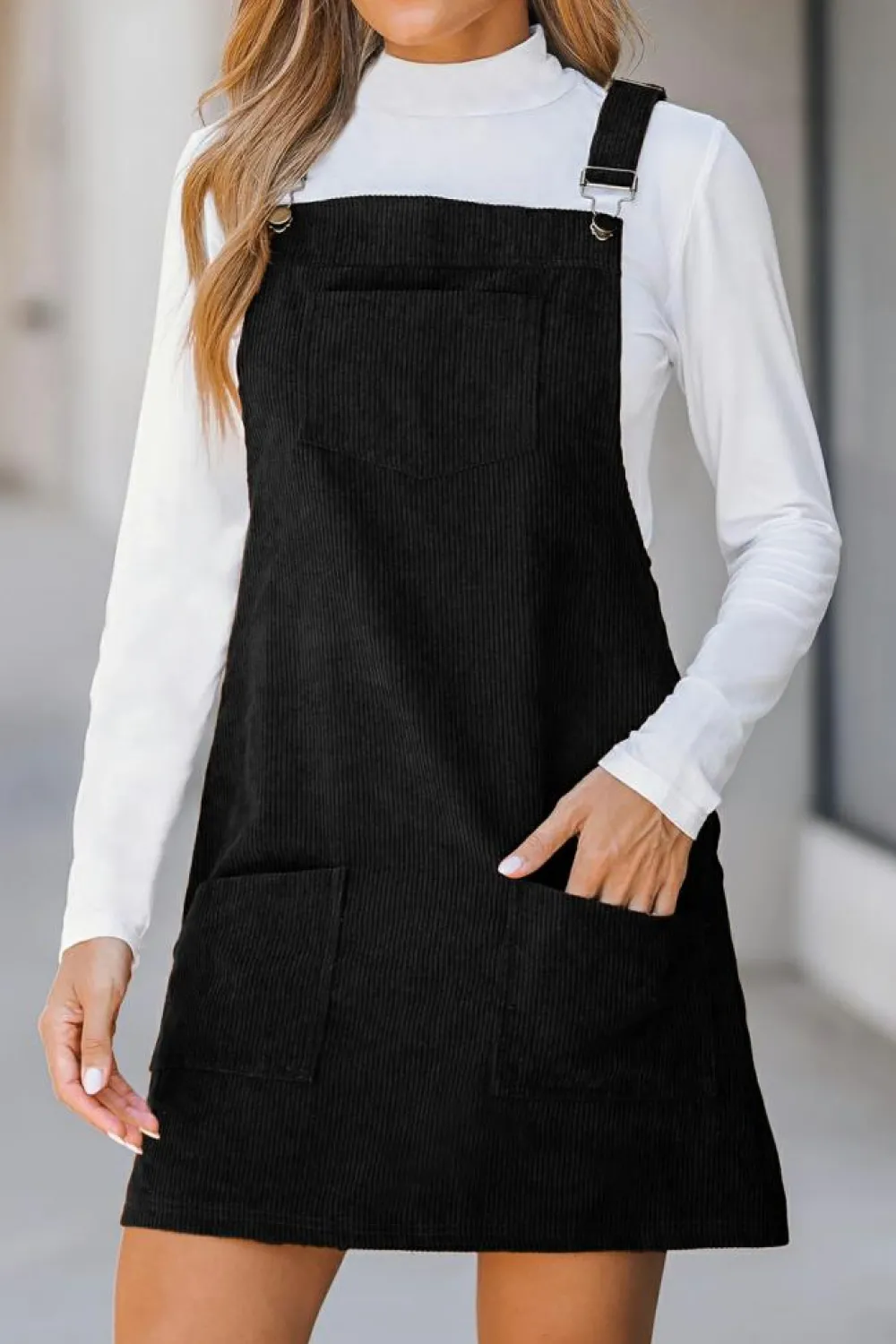 Discount Dear-Lover Solid Front Pockets Sleeveless Corduroy Overall Dress Black